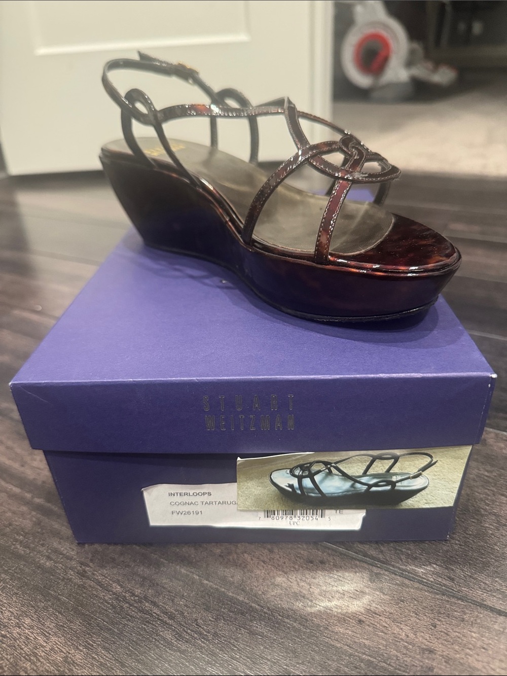 Stuart Weitzman Tortoise-Pattern Cognac Brown Wedge Sandals